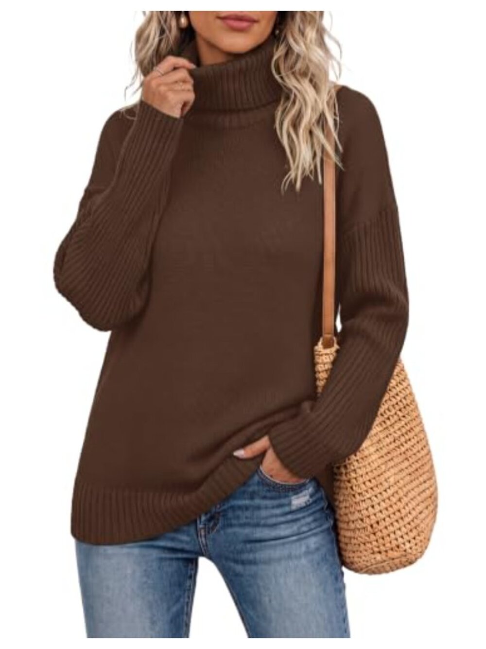 Chunky Oversized Ribbed Knit Turtleneck Batwing Sleeve Tunic Sweater